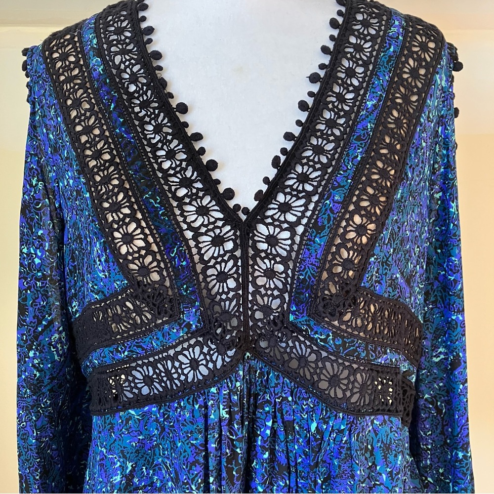Rebecca Taylor Blue Long-Sleeve Paisley Cold-Shoulder Silk Lace Blouse size 6 - Picture 6 of 10